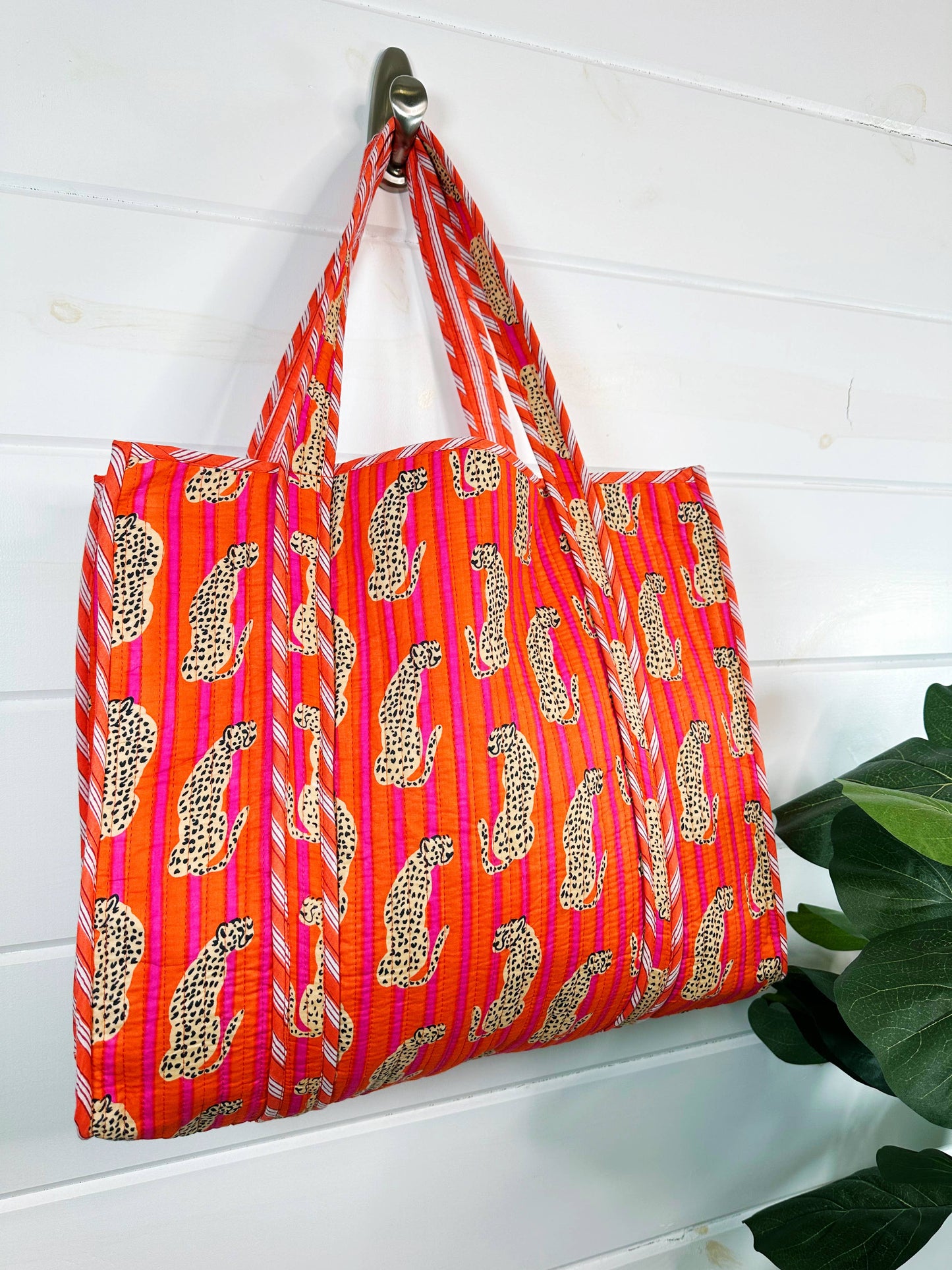 Block Printed Jaguar l Large Tote Bag | Quilted Travel Tote