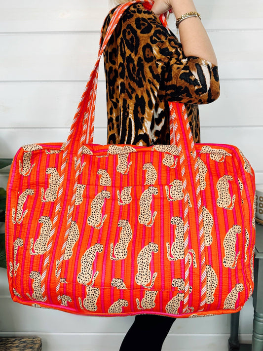 Block Print Quilted Duffle Bag | Jaguar Print Weekender Bag