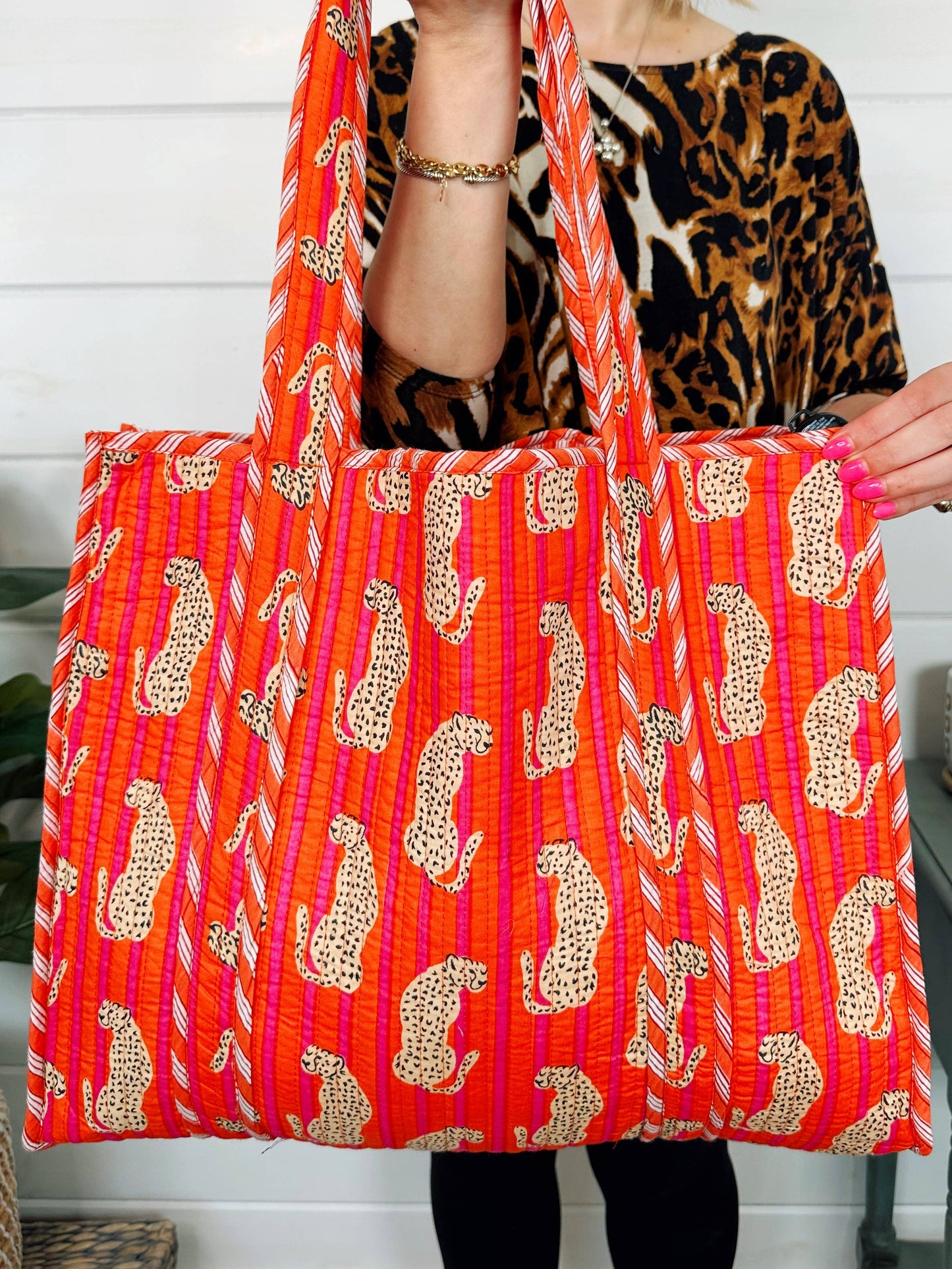 Block Printed Jaguar l Large Tote Bag | Quilted Travel Tote