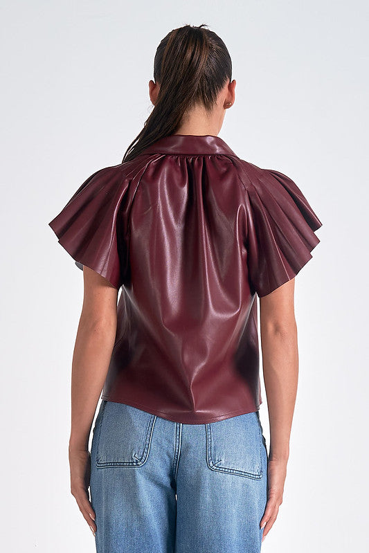 Flutter Sleeve Faux Leather Top