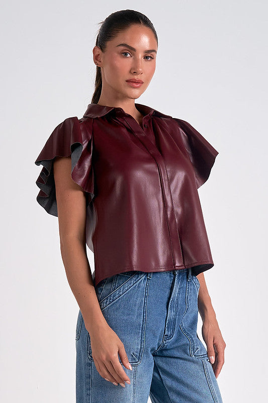 Flutter Sleeve Faux Leather Top