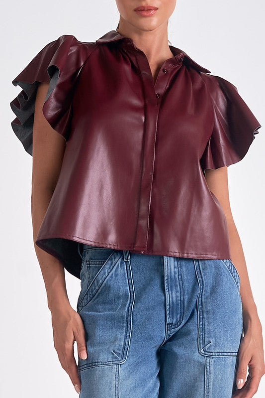 Flutter Sleeve Faux Leather Top