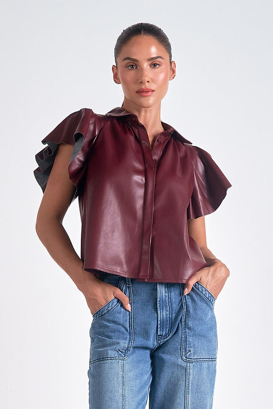 Flutter Sleeve Faux Leather Top