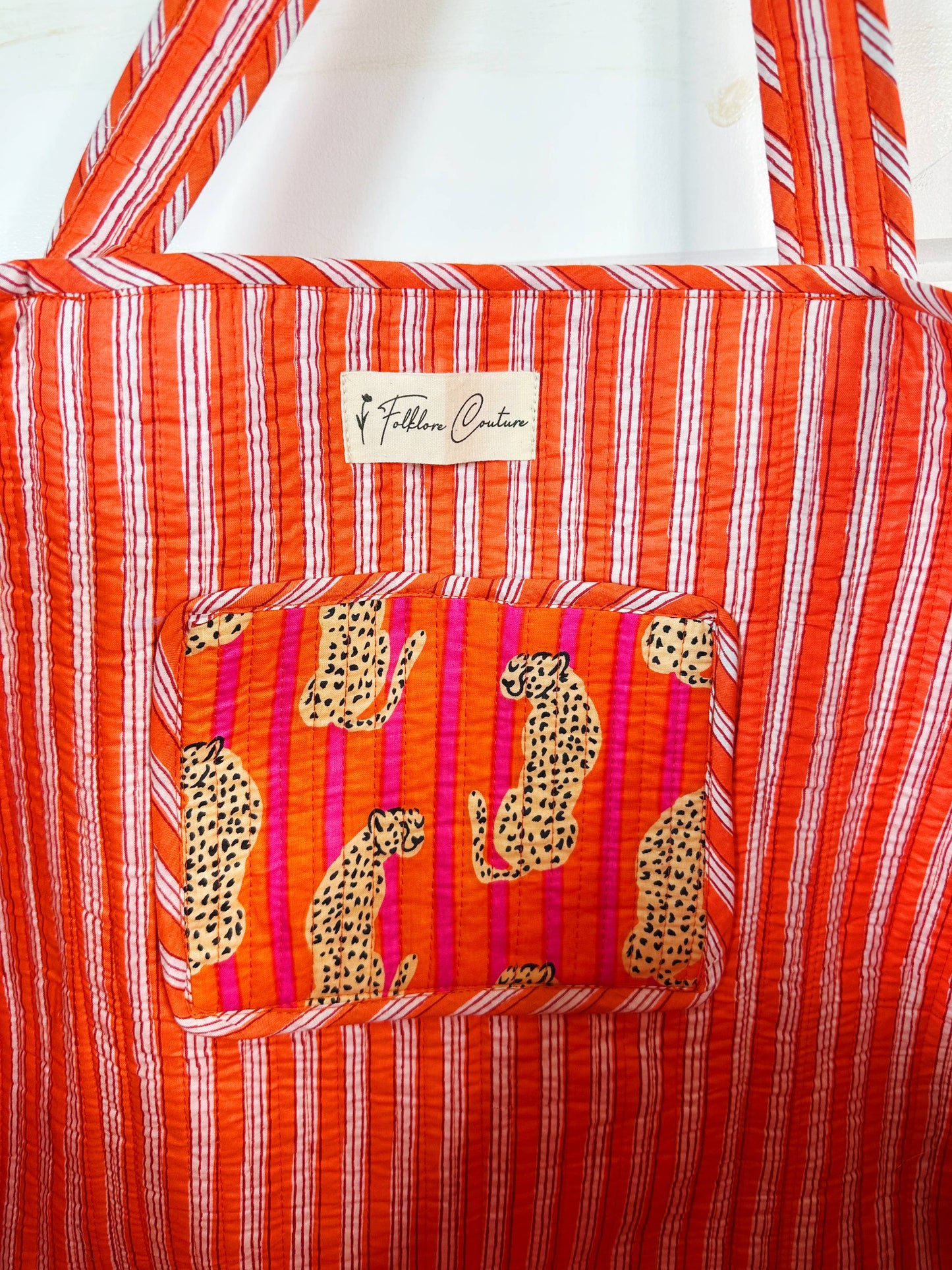 Block Printed Jaguar l Large Tote Bag | Quilted Travel Tote