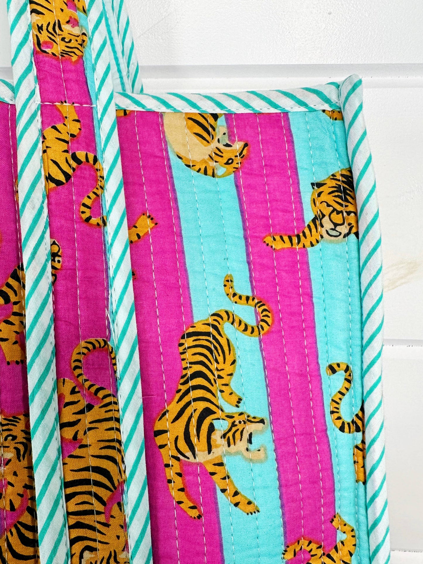 Handmade Block Printed Tiger Tote Bag | Quilted Travel Tote