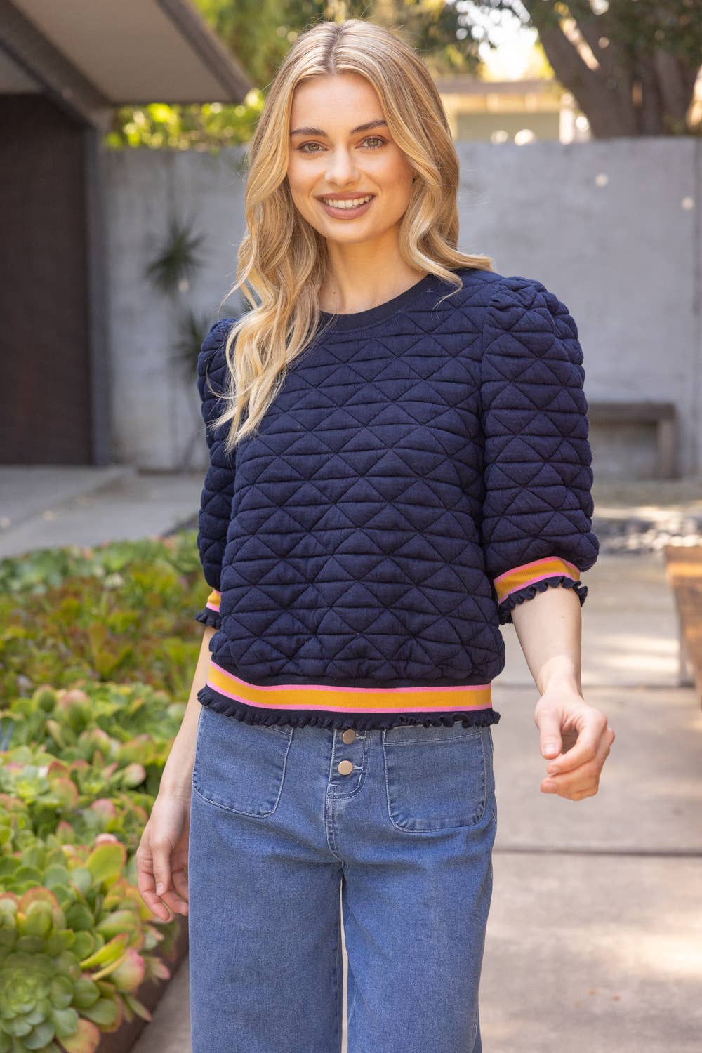 Quilted Trim Navy Top