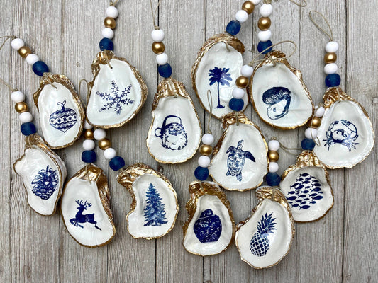 Oyster Ornaments- Blue & White Decoupage