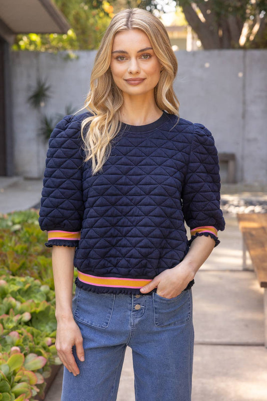 Quilted Trim Navy Top