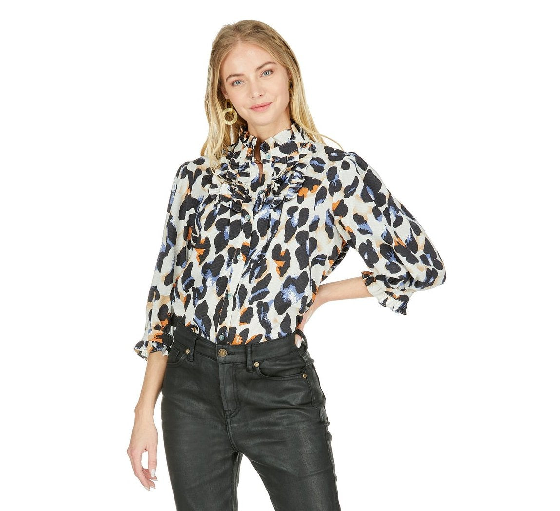 Blue Leopard Button Front Blouse