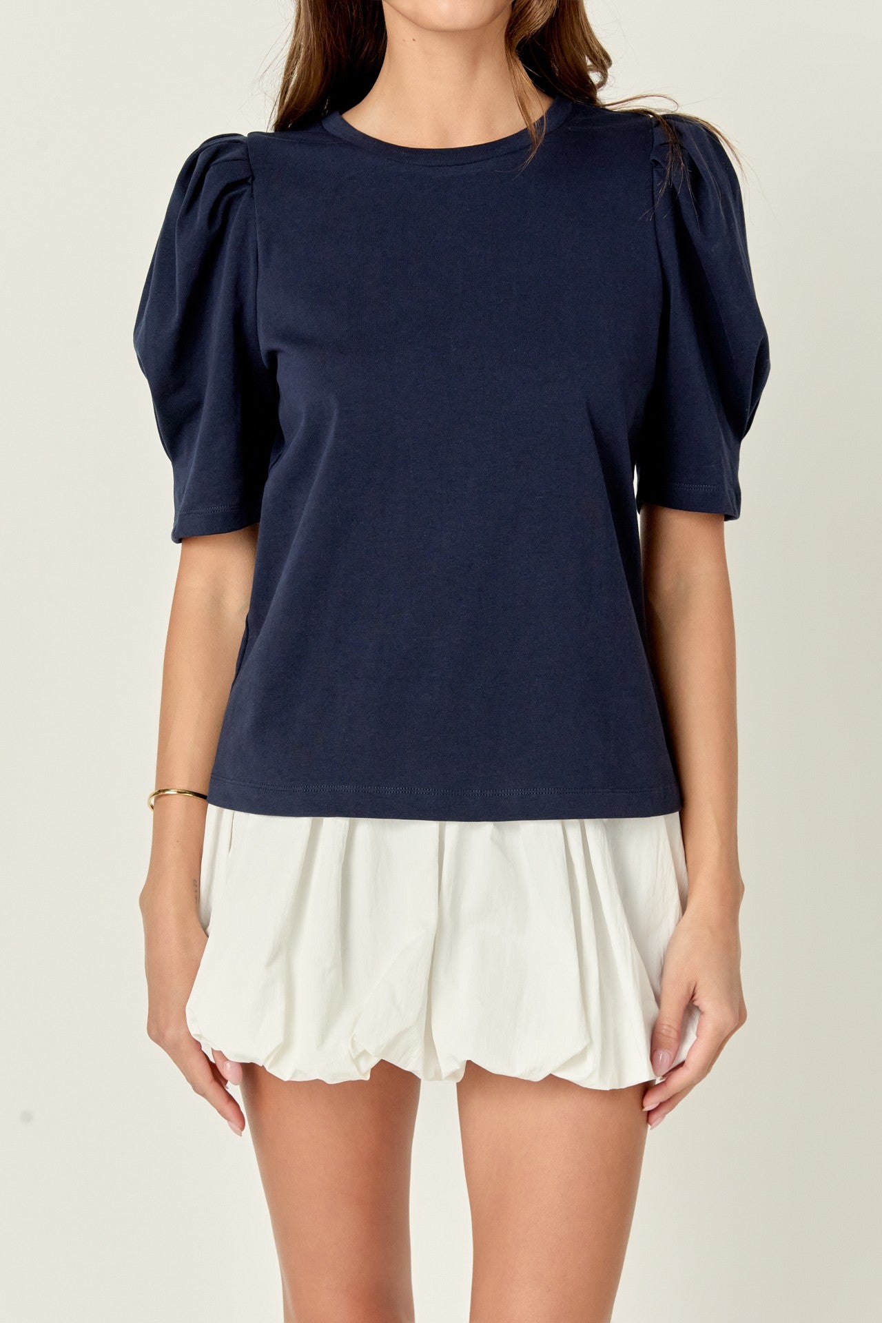 Navy Puff Sleeve Knit Top