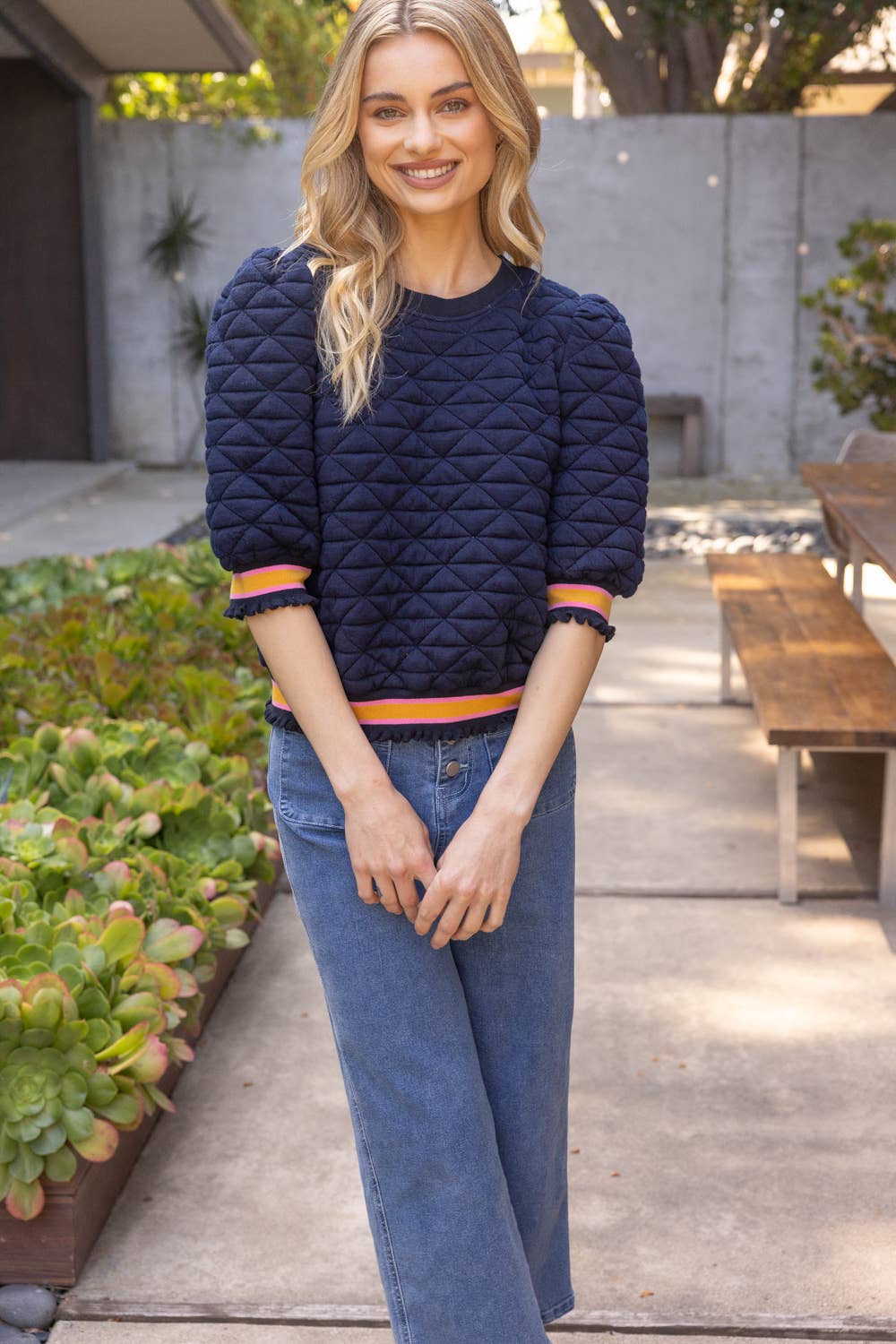 Quilted Trim Navy Top