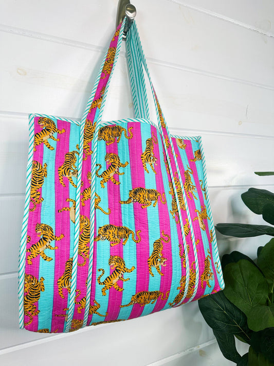 Handmade Block Printed Tiger Tote Bag | Quilted Travel Tote