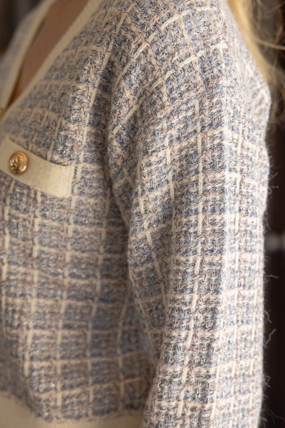 Tweed Trimmed Cardigan - Blue