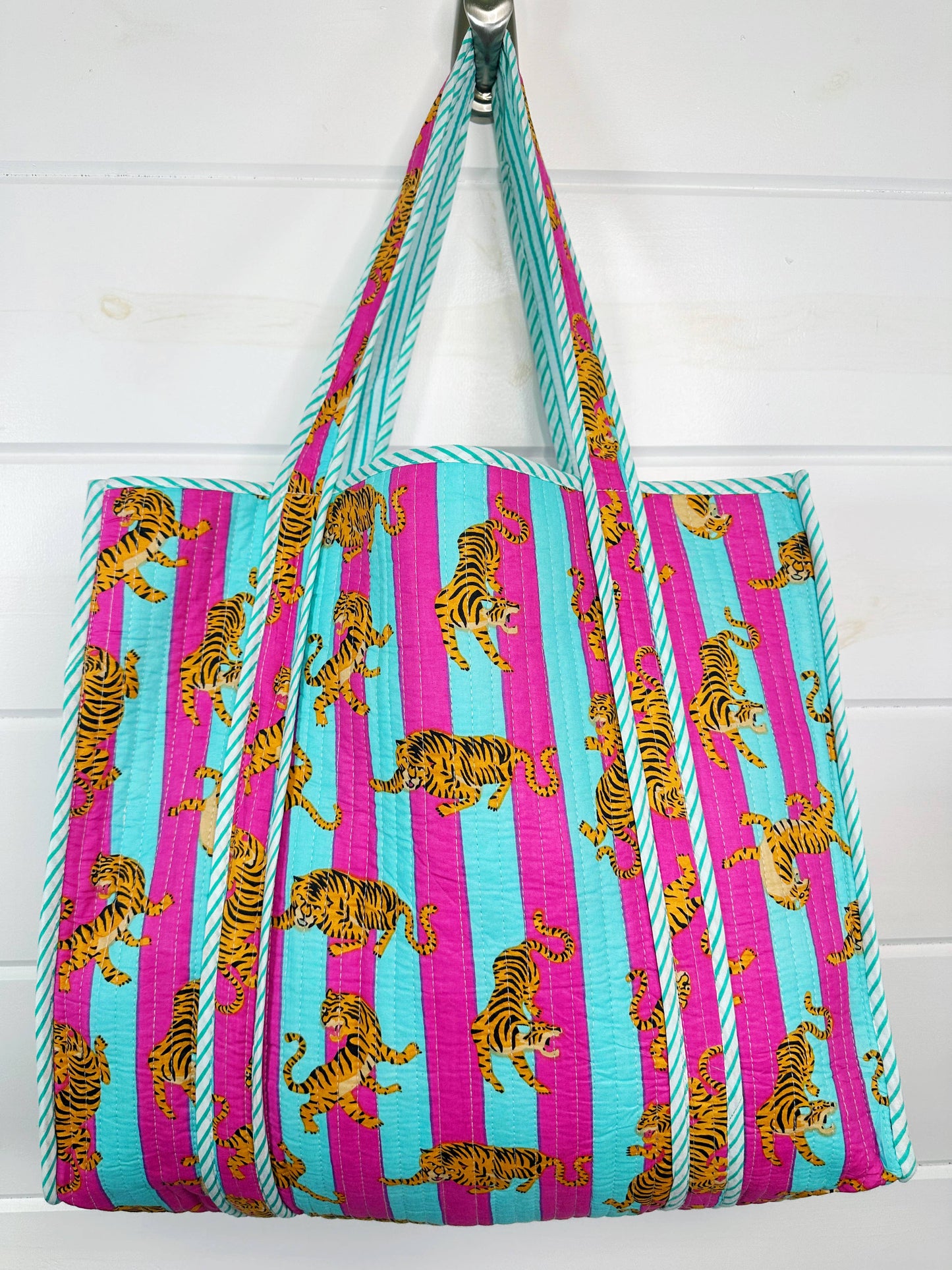 Handmade Block Printed Tiger Tote Bag | Quilted Travel Tote