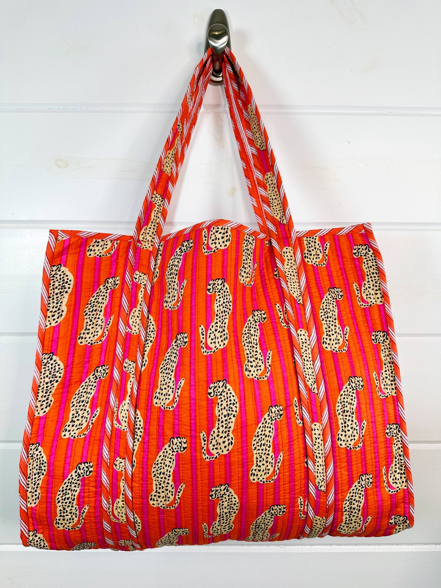 Block Printed Jaguar l Large Tote Bag | Quilted Travel Tote